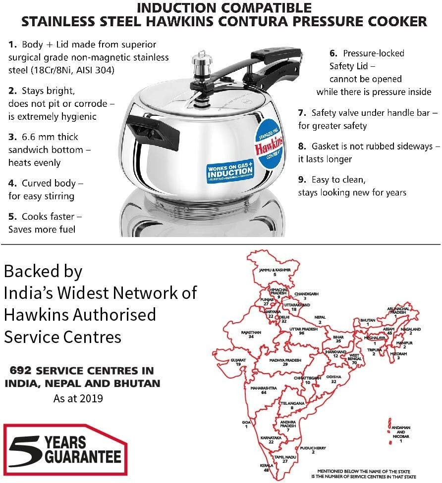 Hawkins Contura Stainless Steel Pressure Cooker, 5.0 Liter Capacity